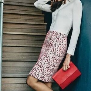 J McLaughlin Elm Skirt 12 Red Black Ivory Elegant Patterned Skirt